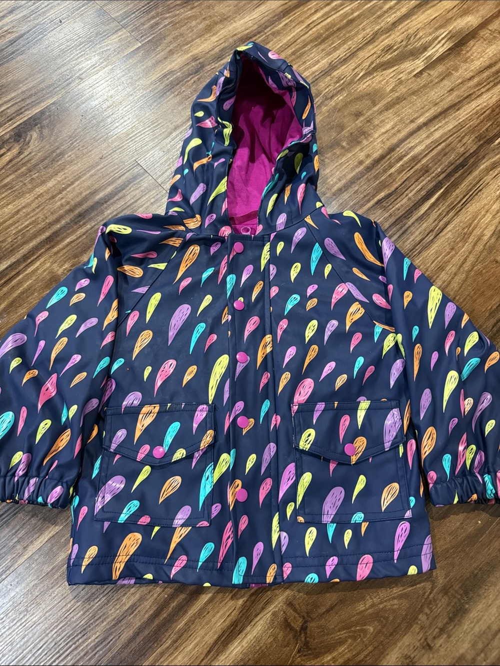 Kids Hooded Raincoat in Navy with Multicolor Drop Print